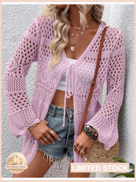 Crochet Cardigan Lightweight Long Sleeve Tie Front Boho Beach Coverup - Picture 2 of 4